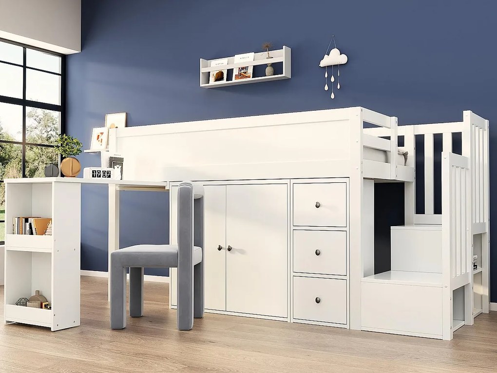 Łóżko mezzanine dla dzieci 90x200cm - z biurkiem wysuwanym + bocznym schowkiem - z szafą - z 3 szufladami - z 2 drzwiami - ze schodami - Białe (bez materaca)