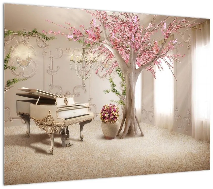 Obraz na szkle - Wymarzone wnętrze z fortepianem (70x50 cm)