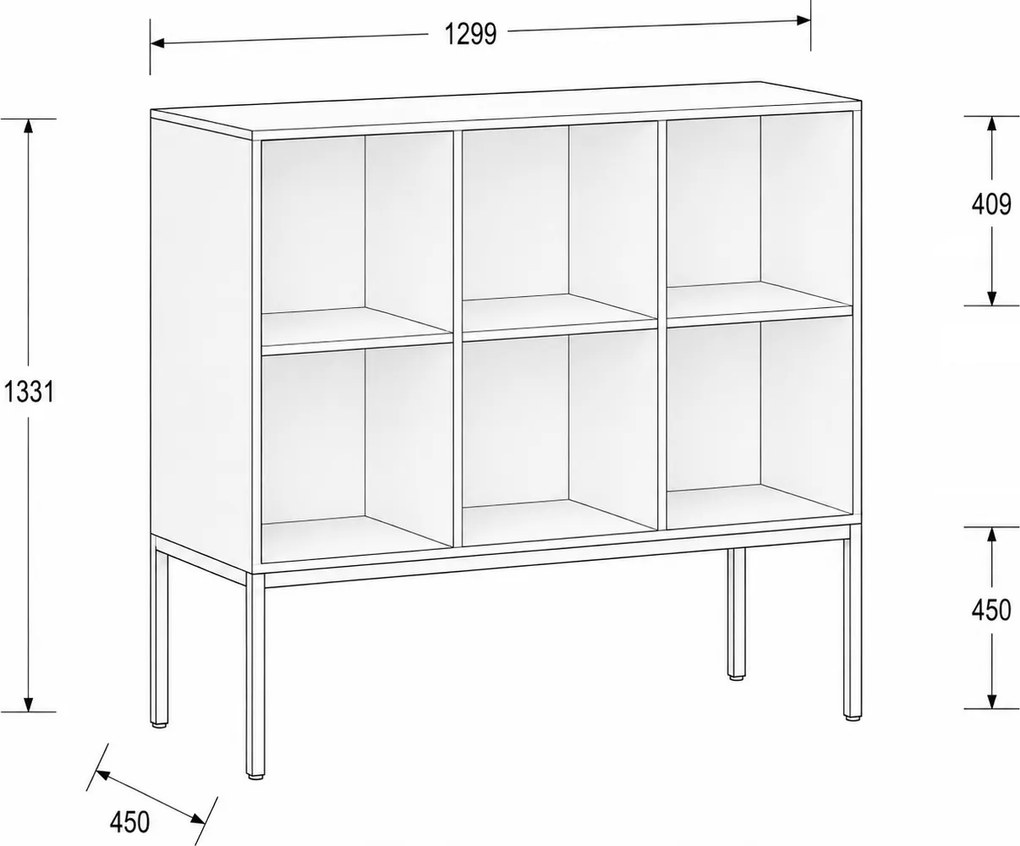 Regał FRAME, niski, z białą podstawą, 1299 x 450 x 1331 mm, orzech