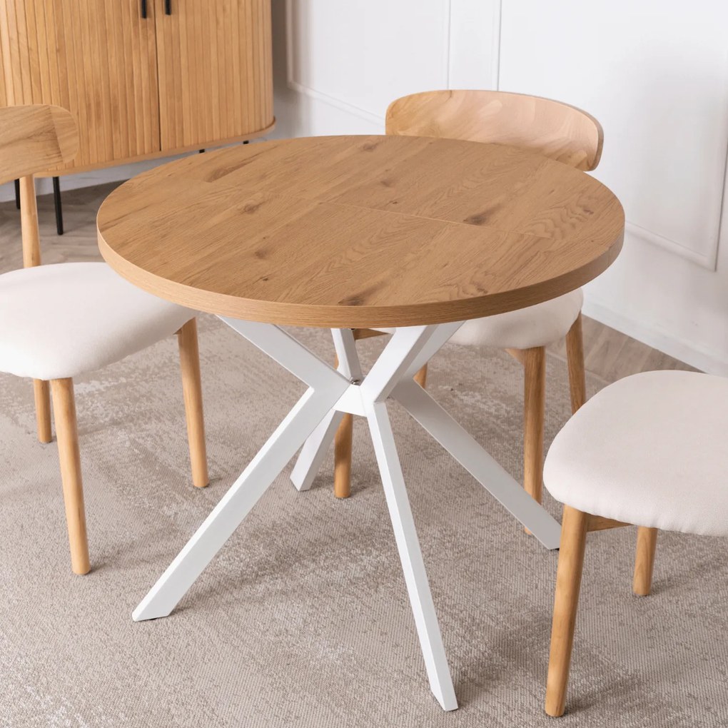 Stół Okrągły Rozkładany DORIAN 80-160 cm Dąb Złoty/Biały Skandynawski