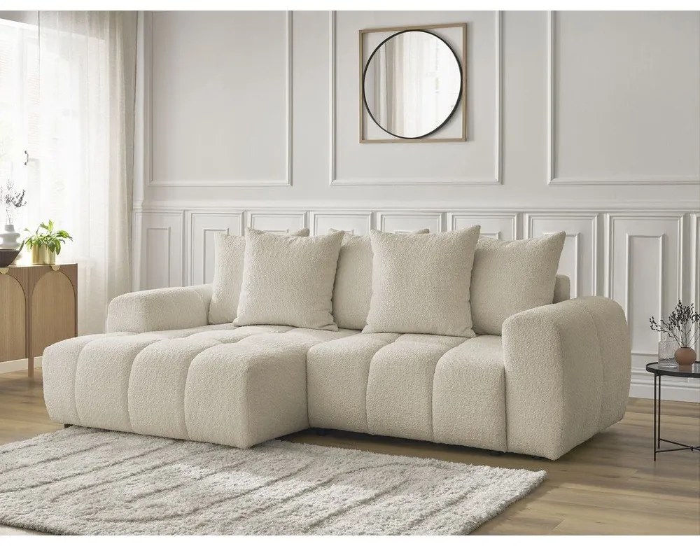 Beżowy rozkładany/ze schowkiem narożnik z materiału bouclé (lewostronny/z szezlongiem) Roxelane – Bobochic Paris