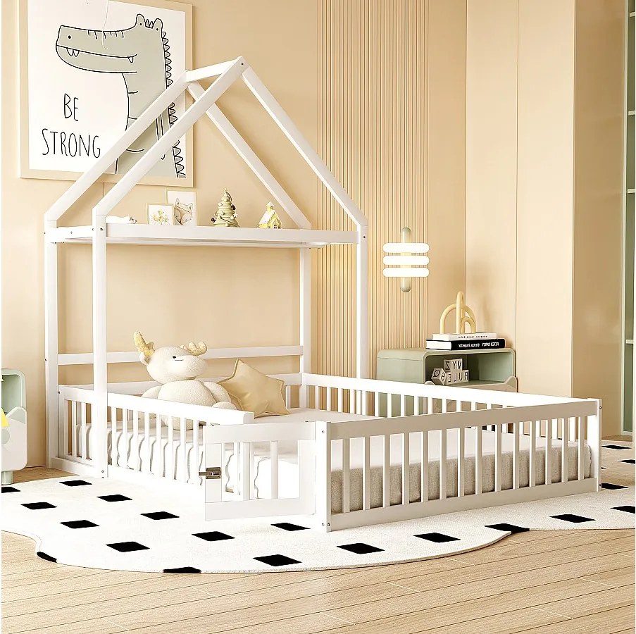 Łóżko dziecięce 140 x 200 cm – łóżko podwójne z pojemnikiem na pościel i drzwiami bezpieczeństwa – białe drewno – bez materaca