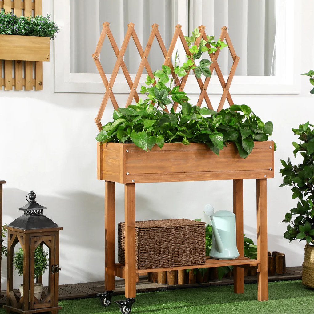 Outsunny Wysokie Łóżko Ogrodowe z Kratką do Pnączy Drewniana Doniczka z Półką na Kółkach do Balkonu | Aosom PL