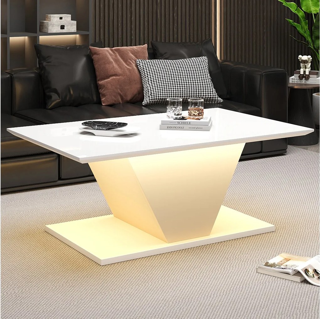 Stolik kawowy połysk - 100 x 50 x 46 cm - z diodami LED - w kształcie litery V - płyta wiórowa - biały