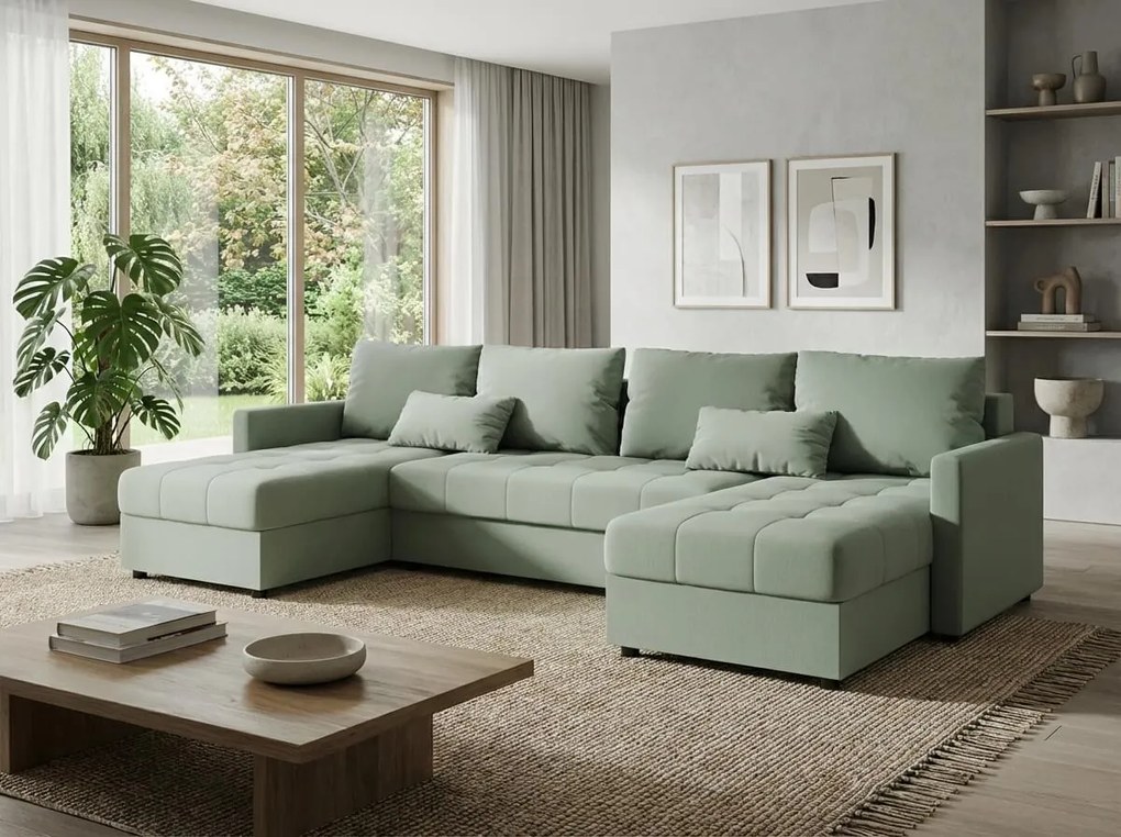 Rozkładana sofa narożna w kształcie U VENORIA 285x146 cm, jasnozielona + 2 poduszki GRATIS