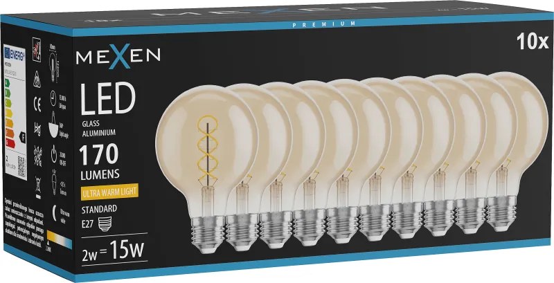 Mexen Vintis 10x żarówka filament spirala LED E27, G80, 2W, Ciepła - 2200K, 170 lm, amber - L165-E27-0222-50x10