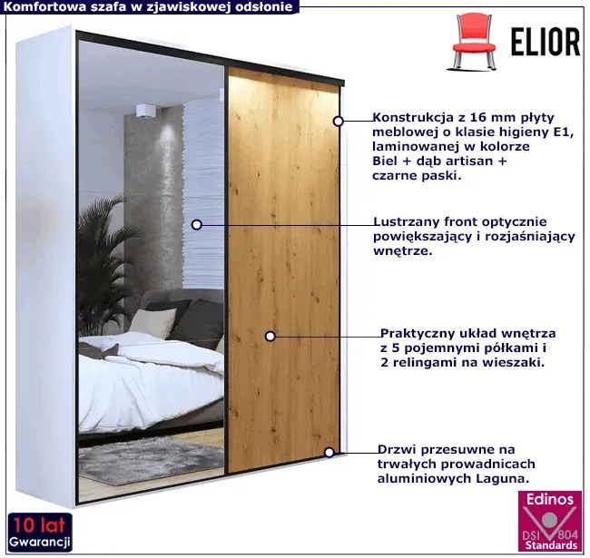 Szafa z lustrem biel + dąb artisan + czarne paski - Estori 3X