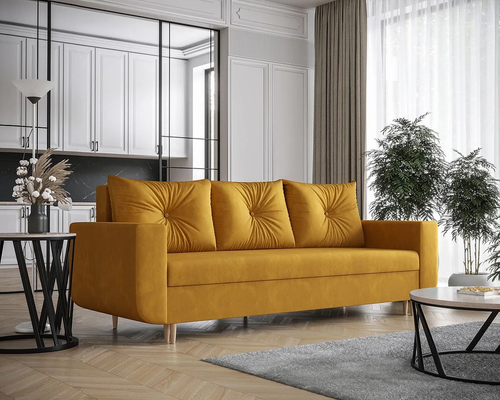 Musztardowa rozkładana sofa welurowa R7-R66