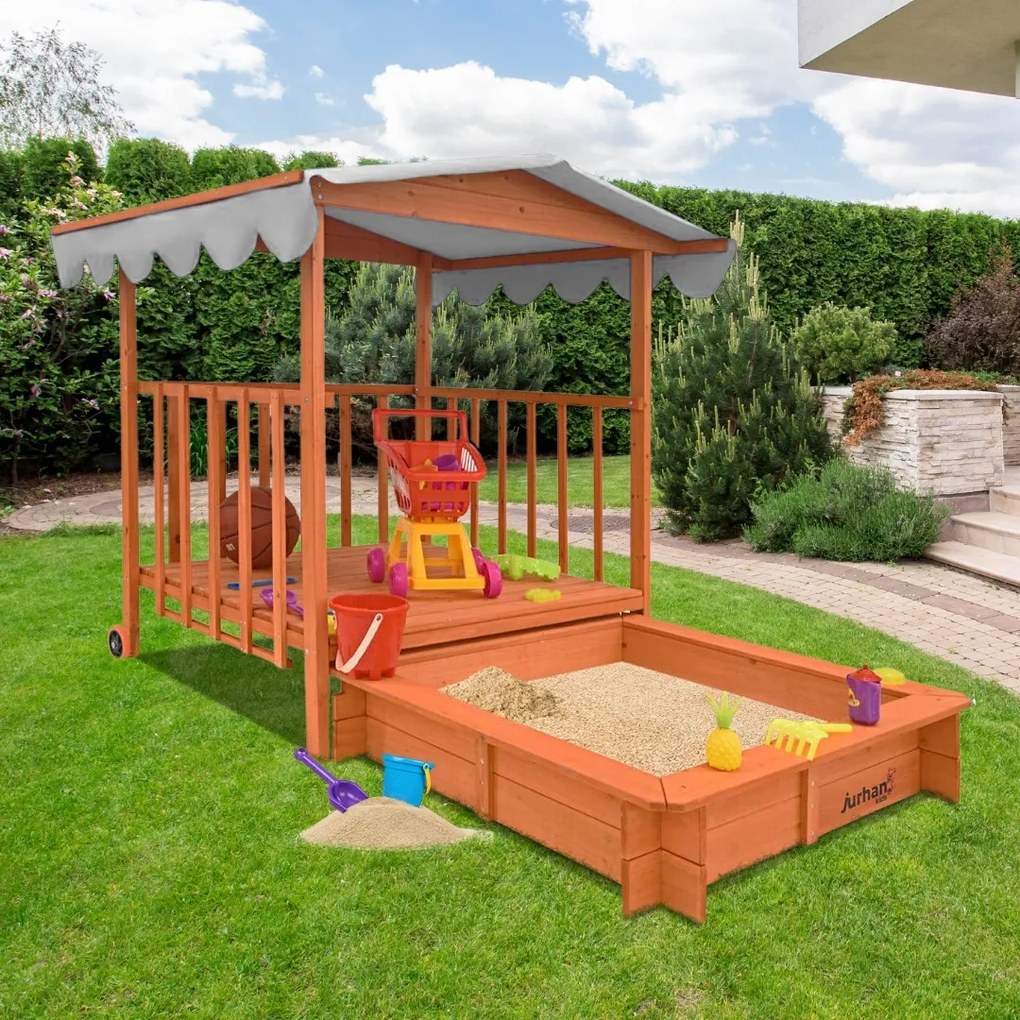 Piaskownica z werandą HAPPY, lita sosna 130 x 130 x 143 cm, brązowo szary Jurhan