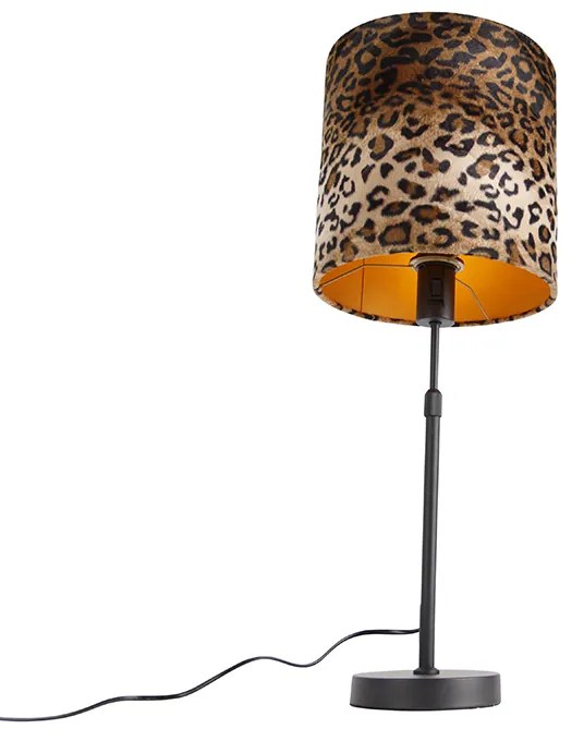 Czarna lampa stołowa z abażurem z aksamitu w leoparda 25 cm - Parte klasyczny/Antyczny Oswietlenie wewnetrzne