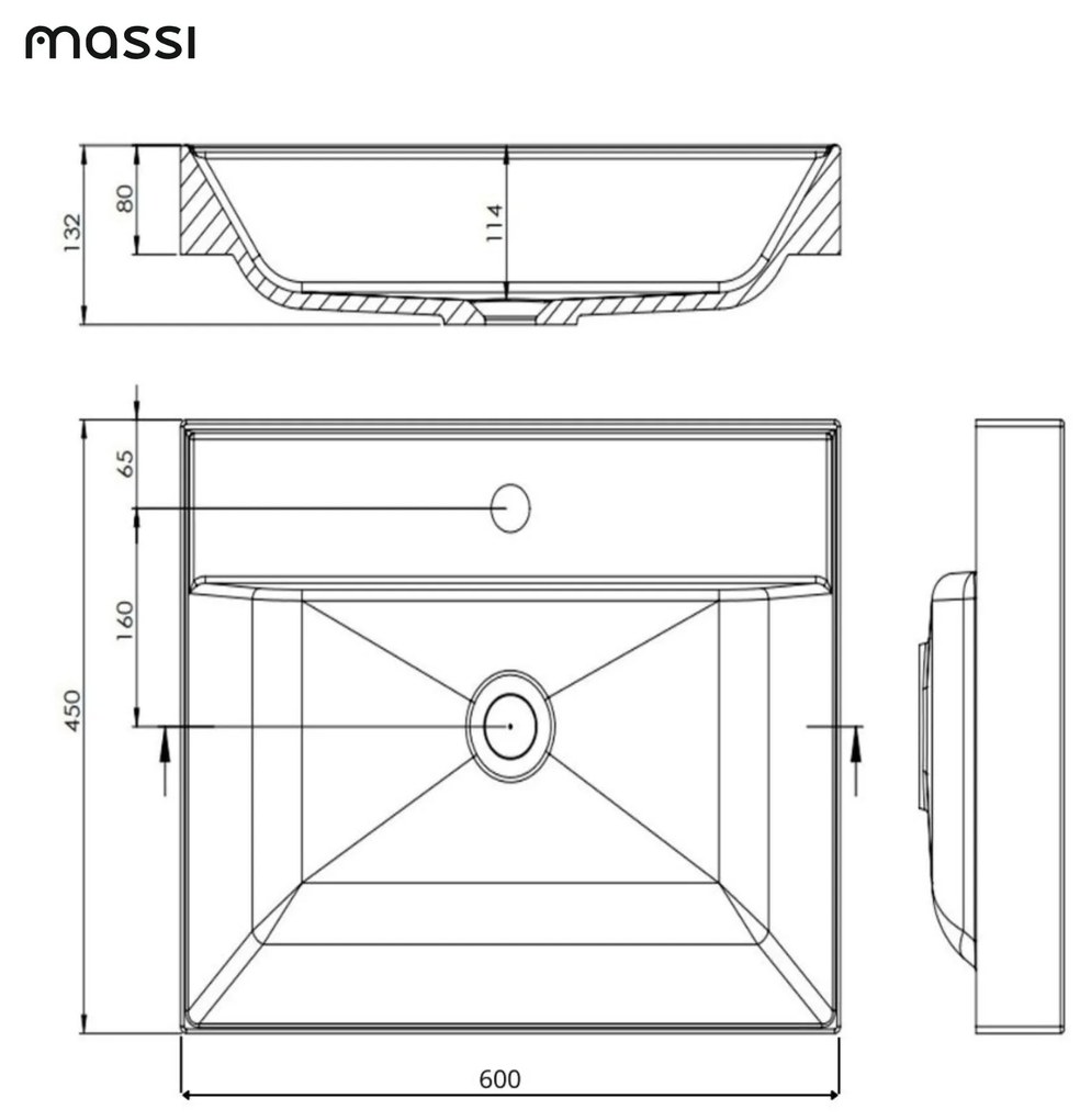 Umywalka z konglomeratu blatowa prostokątna biała NAVI | Różne rozmiary | Z otworem na baterię lub bez : Otwór na baterię - Bez otworów, Rozmiar - 60 x 45 cm
