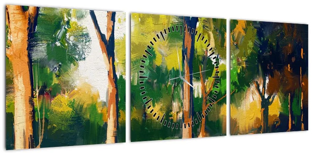 Obraz lasu w letnim słońcu, malarstwo (z zegarem) (90x30 cm)