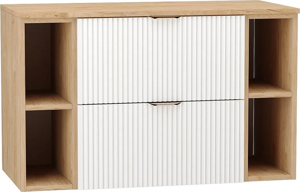 Biały Zestaw Łazienkowy 100cm Szafka Blat Orzech Regały Orzech Ryflowane Fronty