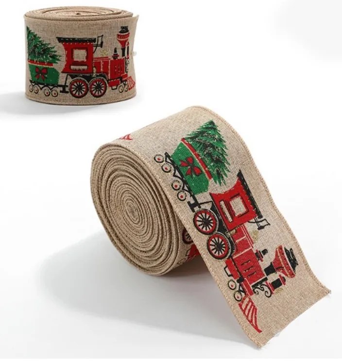 Wstążka świąteczna CHRISTMAS TRAIN 6,3 cm x 2 m, beżowa