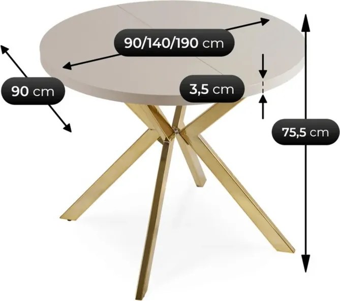Stół Okrągły Rozkładany LUGO 90-190 cm Kaszmir/Złoty Glamour