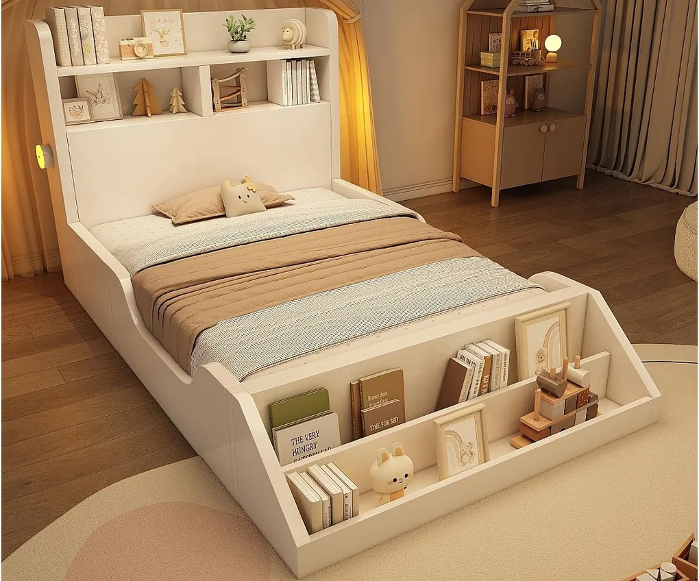 Łóżko dziecięce 90x200cm - z demontowalną biblioteczką - zagłówek z półką - z lampką nocną - Biały​ (materac nie jest wliczony w cenę)