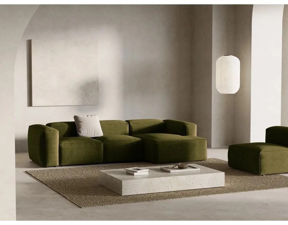 Zielony sztruksowy narożnik (prawostronny/z szezlongiem) Bergano – Cosmopolitan Design