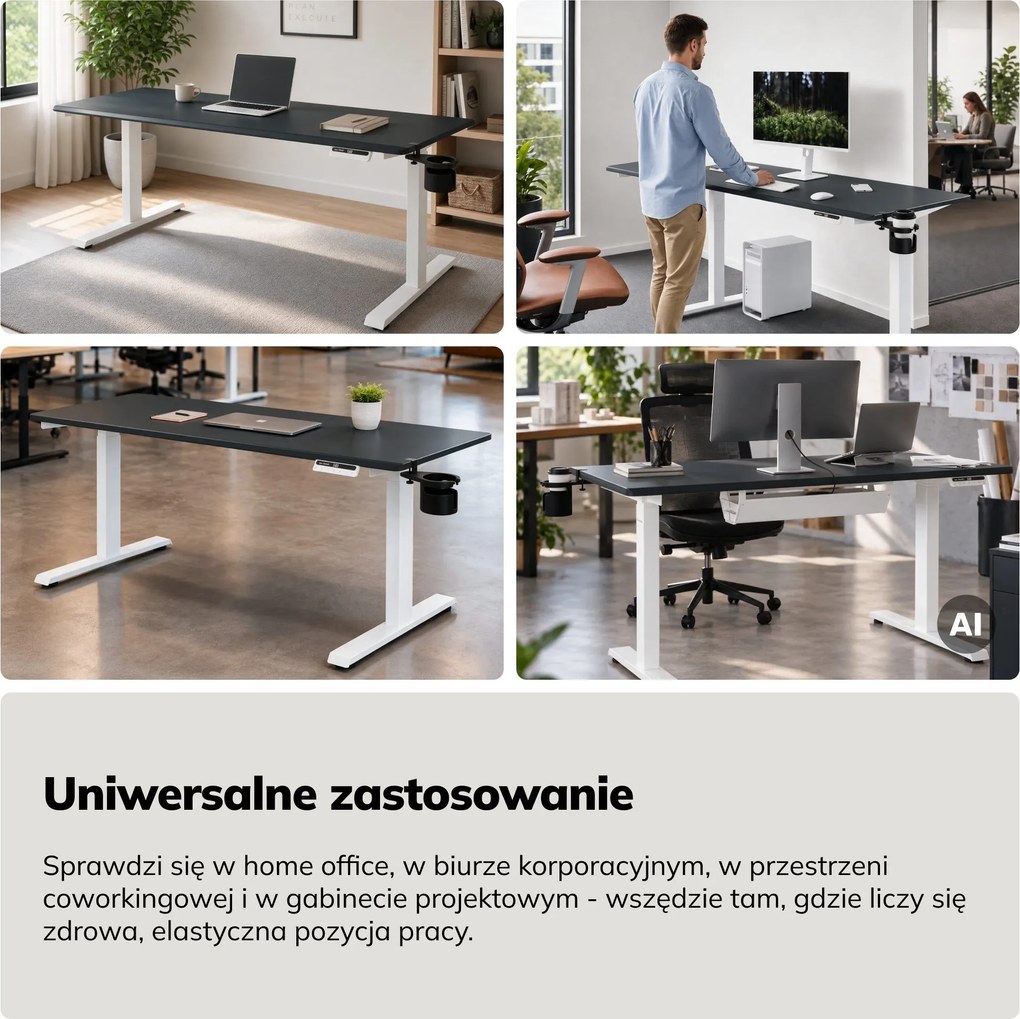 Biurko elektryczne z regulacją wysokości ergonomiczne biało-antracytowe,1600x800 mm: ARIA
