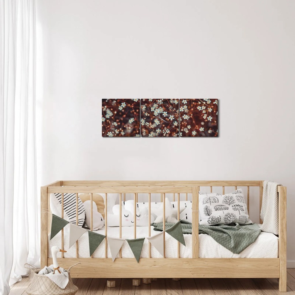 Obraz kwiatu niezapominajki (z zegarem) (90x30 cm)