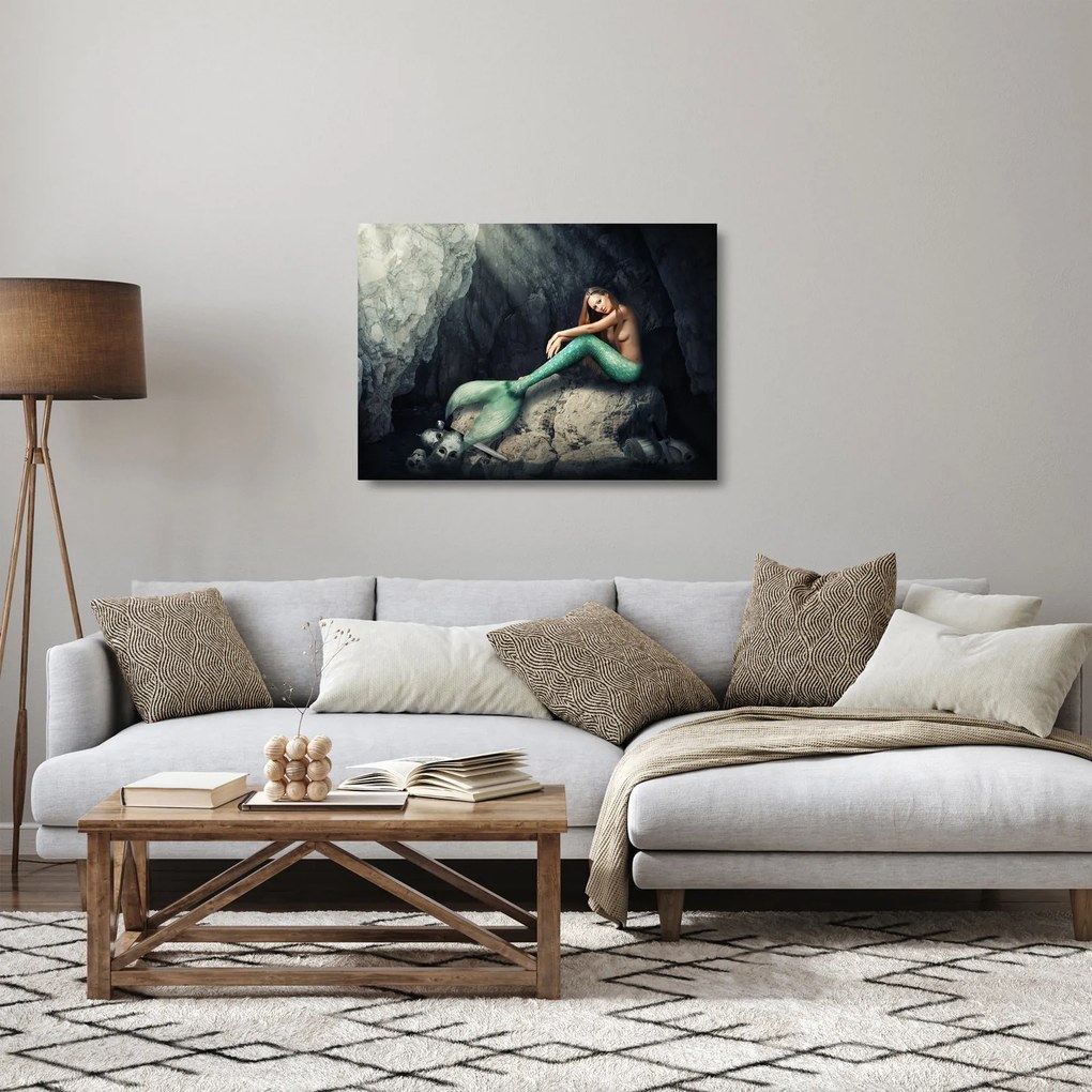 Obraz na szkle - Syrenka na skale (70x50 cm)