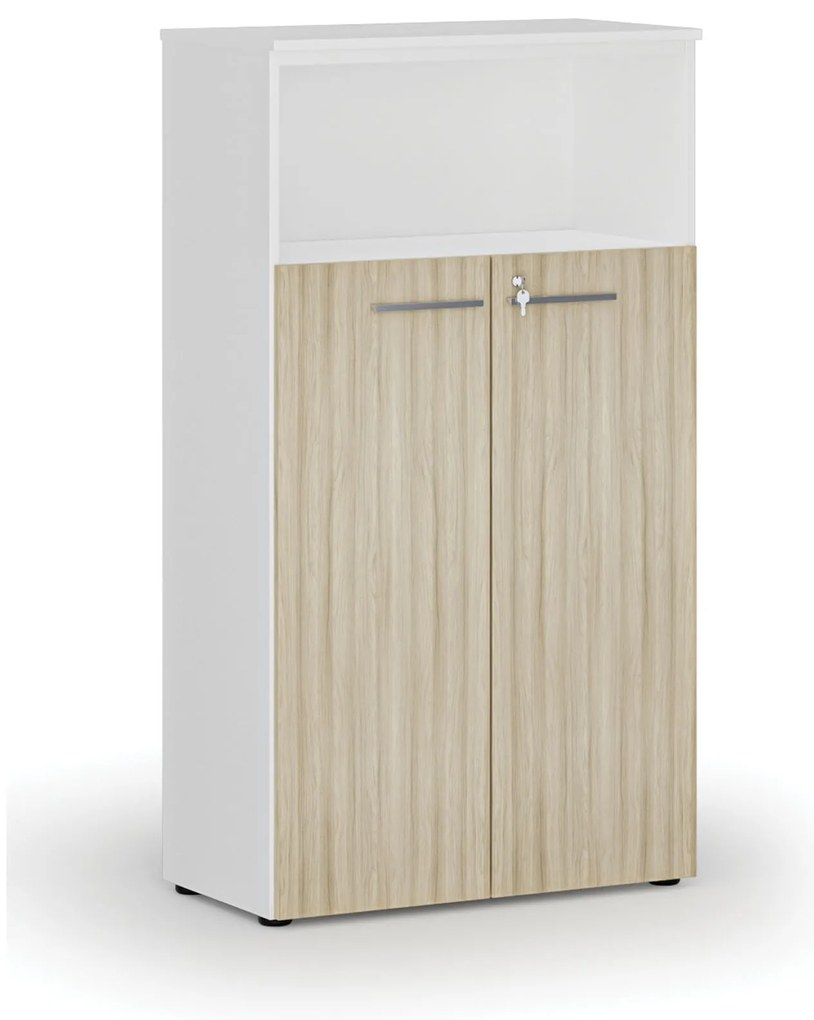 Szafa biurowa kombinowana PRIMO WHITE, drzwi na 3 poziomach, 800 x 420 x 1434 mm, biały/dąb naturalny