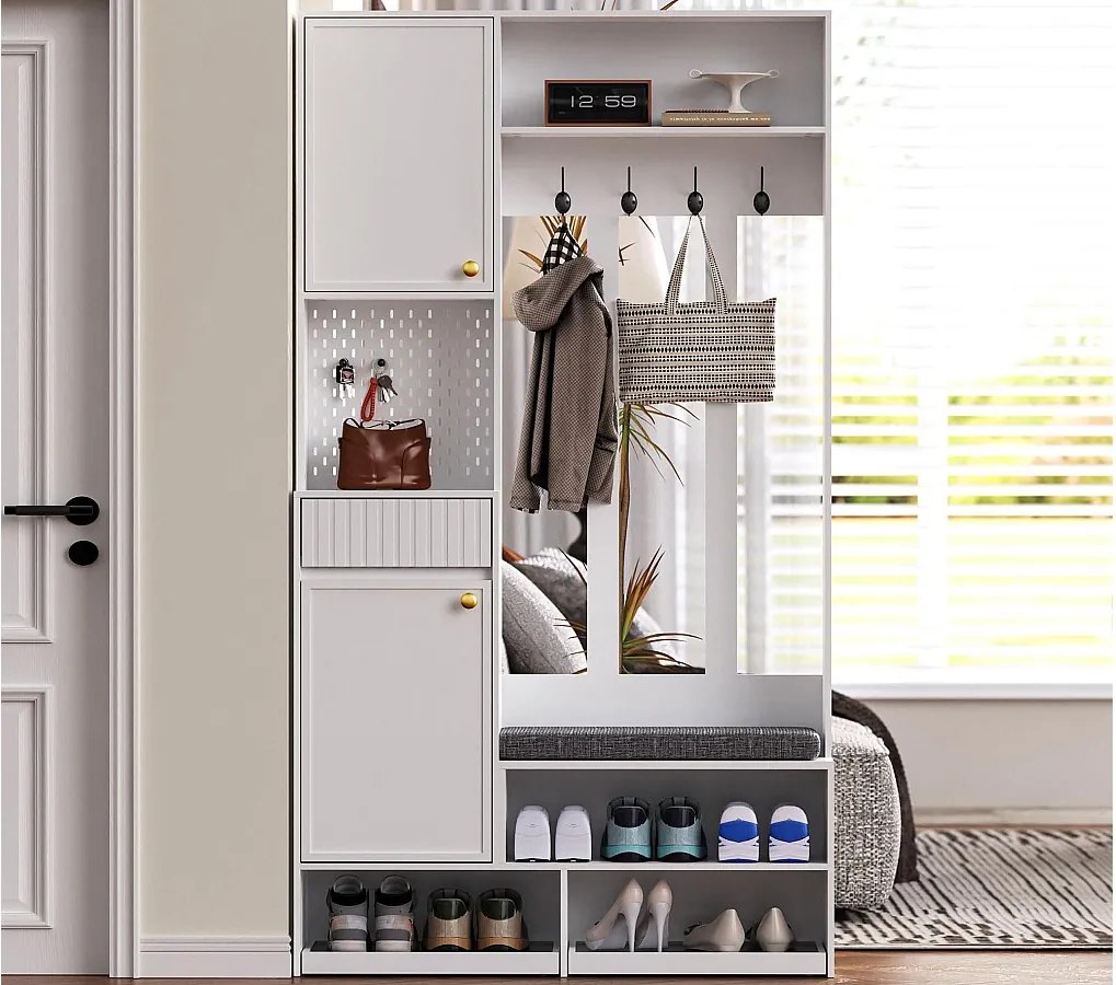 Nowoczesna szatnia wejściowa - z 4 wieszakami, 2 drzwiami i 1 szufladą - z ławką i otwartymi półkami - Biały