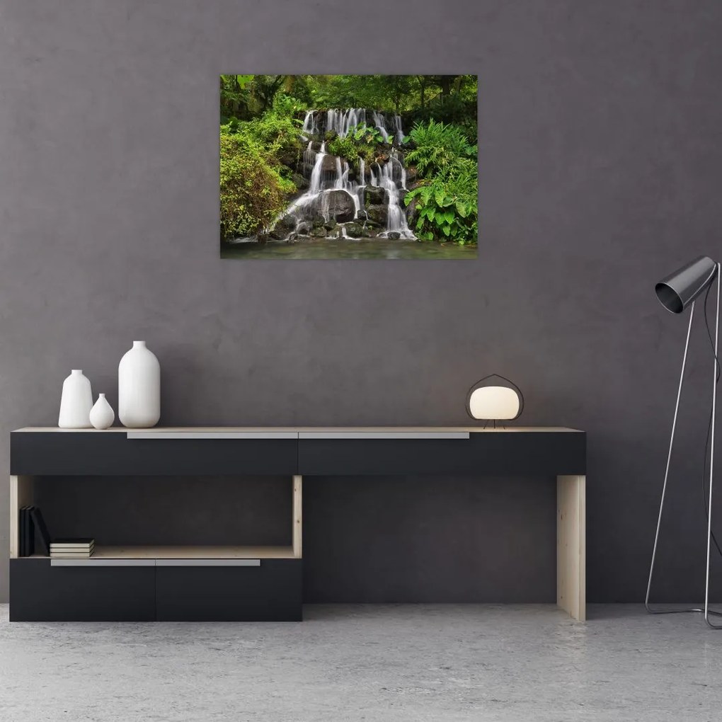 Obraz na szkle wodospadów w tropikalnym lesie (70x50 cm)