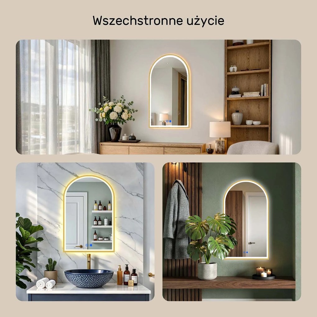 Nieregularne lustro LED w złotej aluminiowej ramie