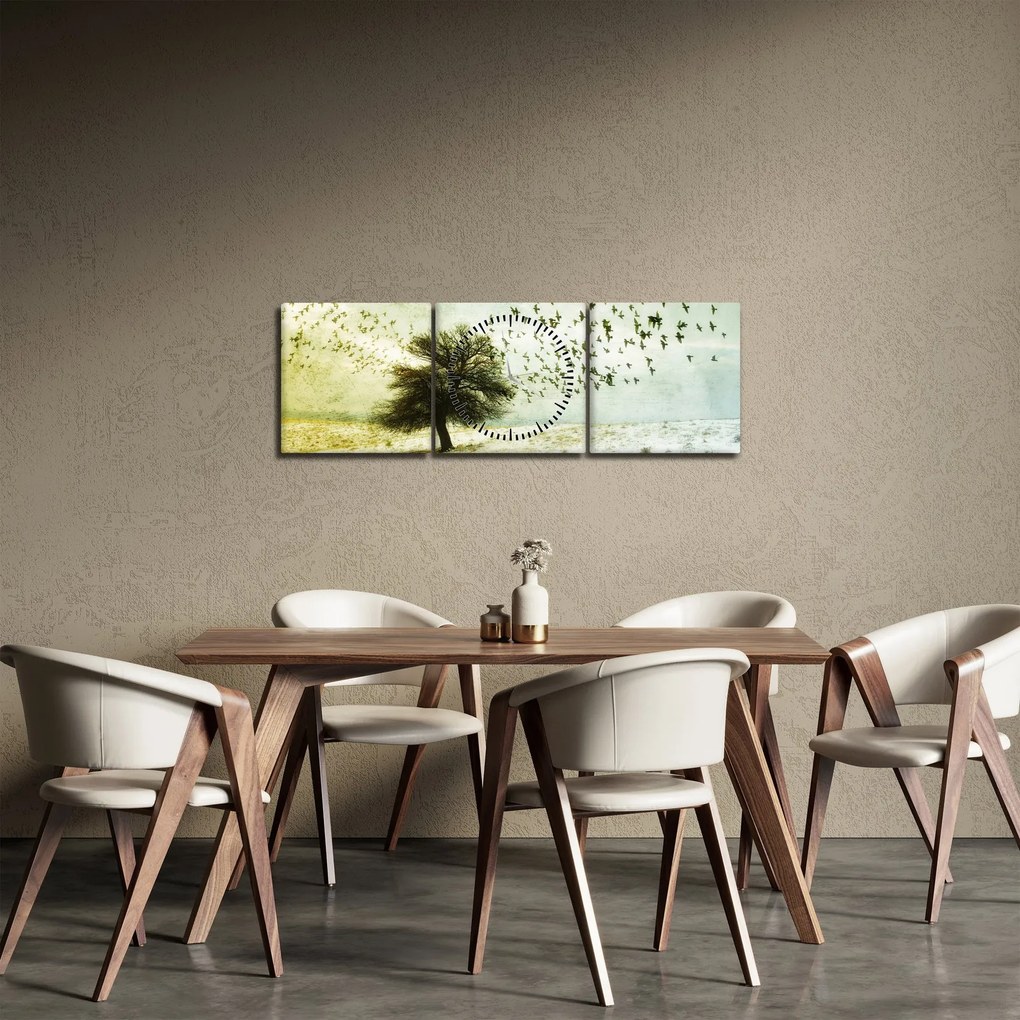 Obraz - Malowane stado ptaków (z zegarem) (90x30 cm)