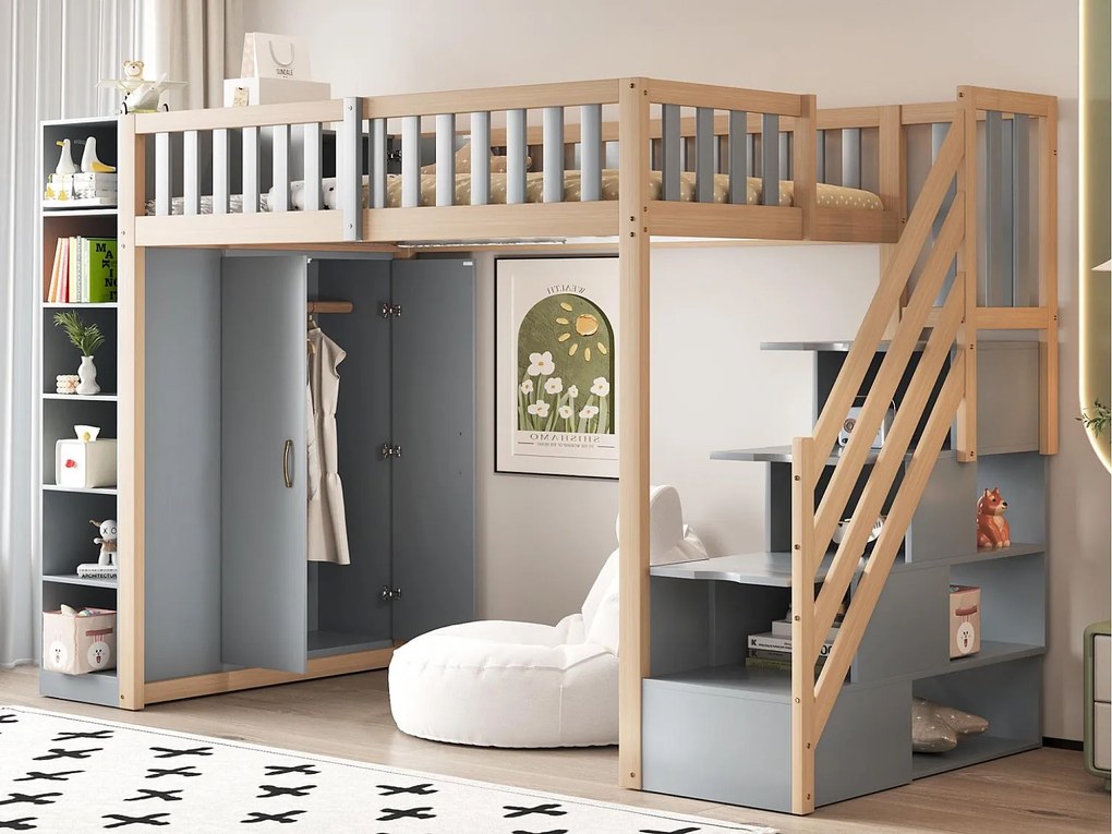 Łóżko piętrowe 90×200 cm - z barierkami - z miejscem do przechowywania - z drabiną bezpieczeństwa - białe + naturalne (materac nie jest zawarty)