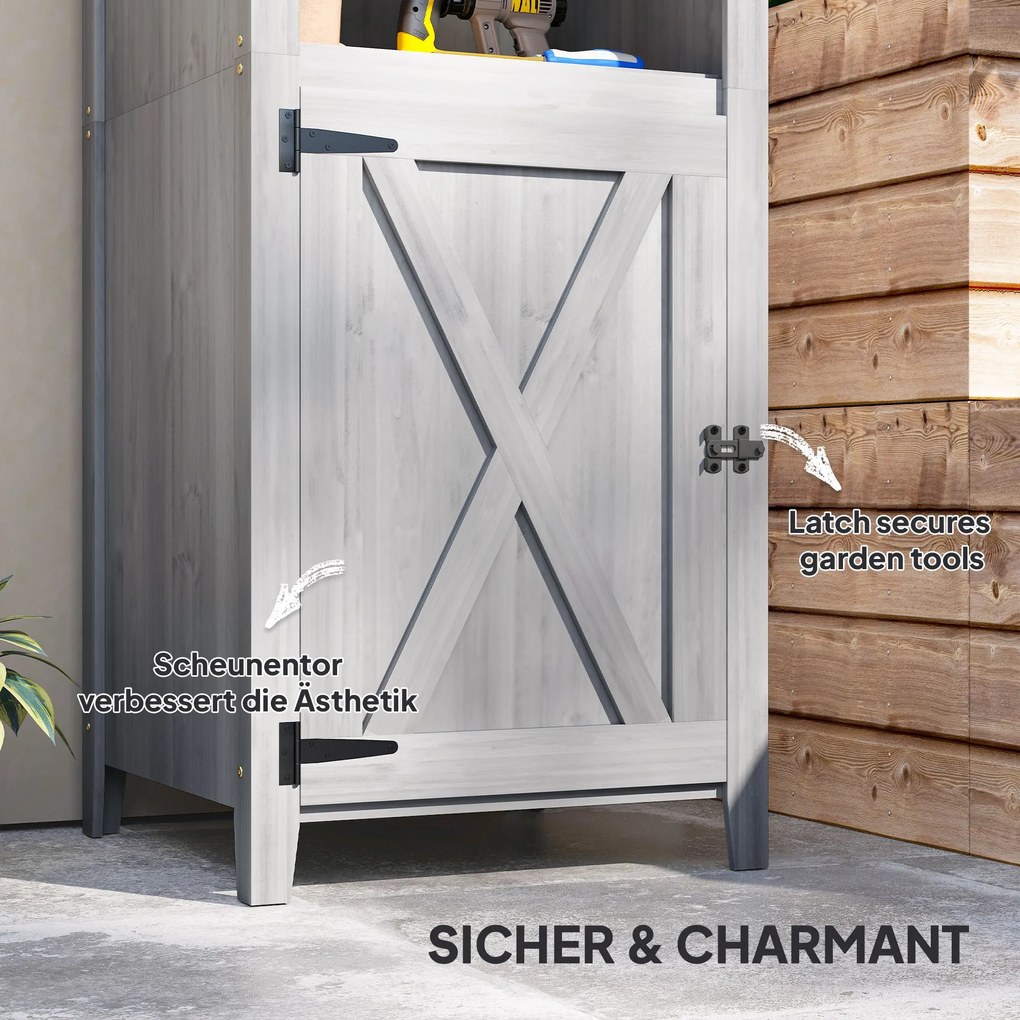 Outsunny Szopa Ogrodowa z Drzwiami Typu Stodoła, Regulowane Półki, Wąski Design, Drewno Jodłowe, Jasnoszary