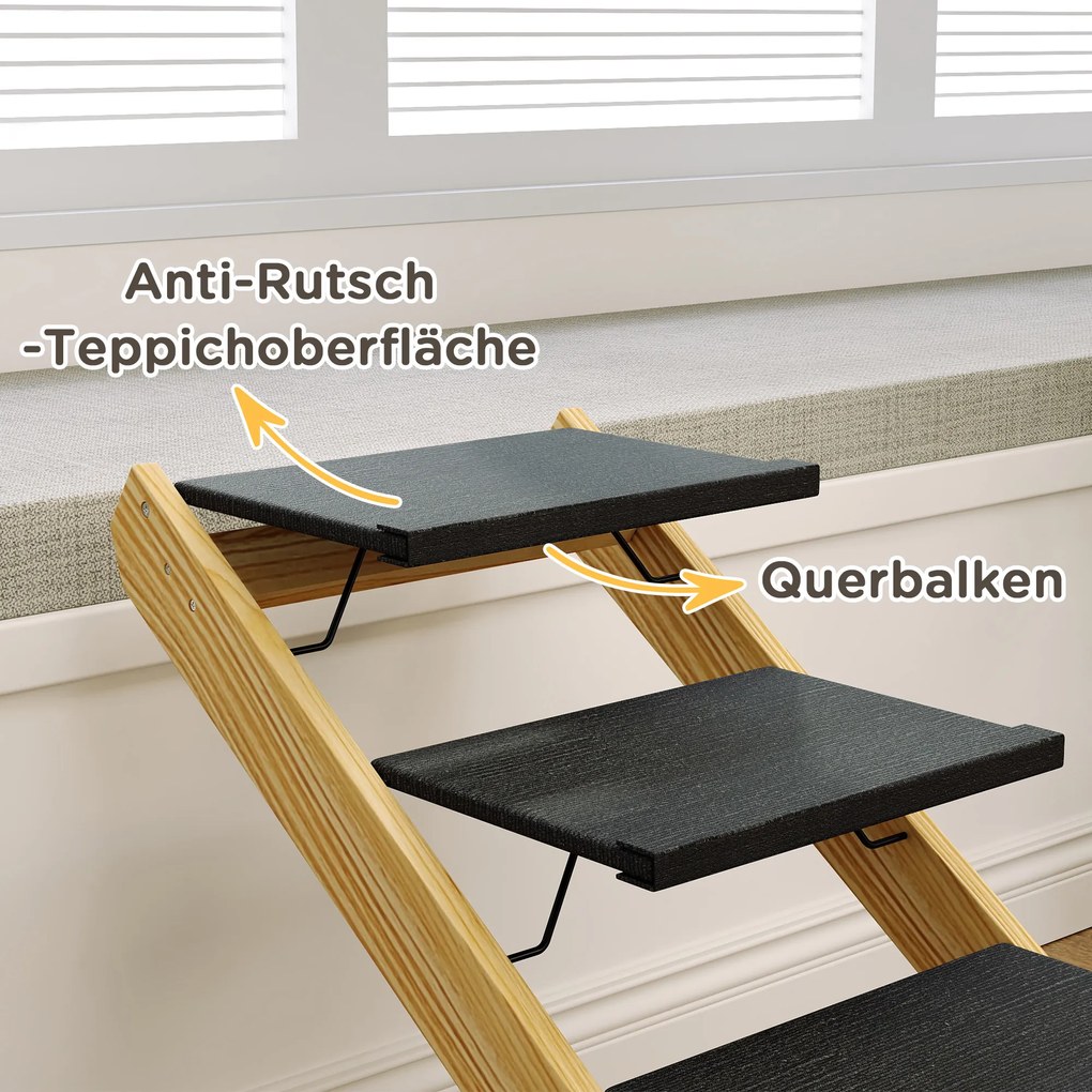 PawHut Schody dla psów, rampa, regulowanej wysokości, antypoślizgowe, składane, 83x40x62,5 cm, Drewno/Białe