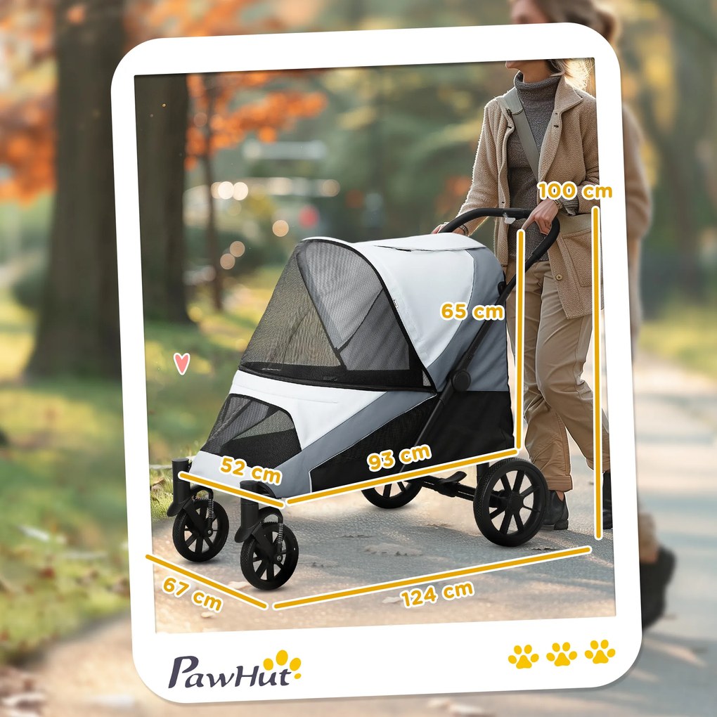 PawHut Wózek dla Psów, Składany Wózek dla Dużych Psów, Wózek dla Zwierząt z 4 Kołami, Smycze Bezpieczeństwa, Hamulce, Szary
