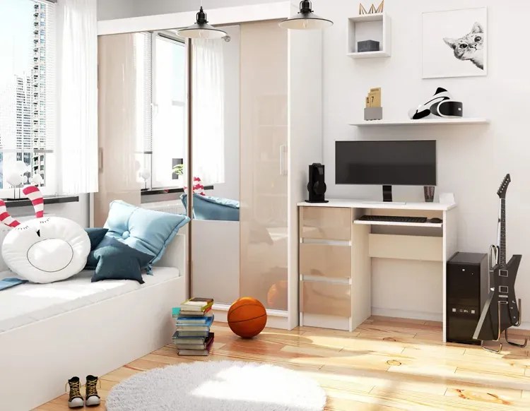 Minimalistyczne biurko z półkami białe + cappuccino połysk - Berula 5X