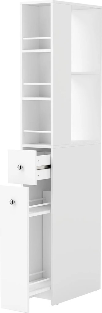 HOMCOM Wysoki, smukły słupek łazienkowy 135 cm z 2 szufladami, 2 bocznymi półkami, 3 przegrodami, 18x40x135 cm, Biały | Aosom PL