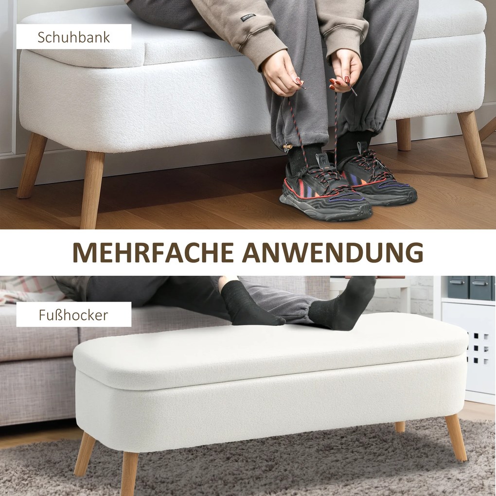 HOMCOM Pufa do przechowywania, siedzisko z 65 L przestrzeni, podnóżek, materiał polarowy, drewno kauczukowe, pianka, 120 x 42 x 45 cm, Kremowy