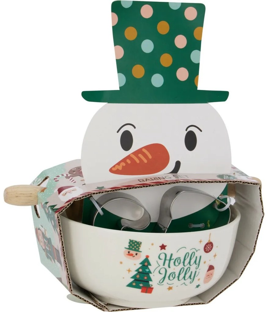 Świąteczny zestaw do pieczenia Bałwanek –miska, wałek, foremki do wycinania ciastek