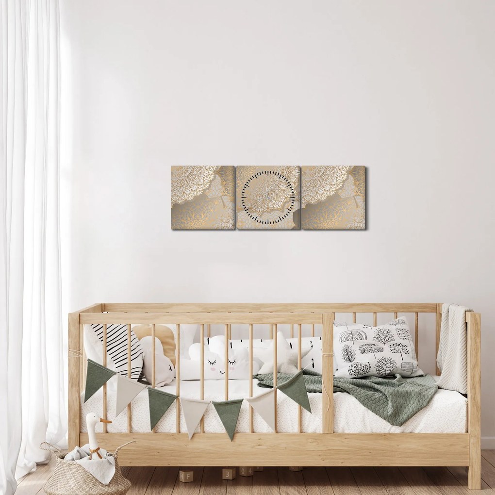 Obraz - Mandale w złotych odcieniach (z zegarem) (90x30 cm)