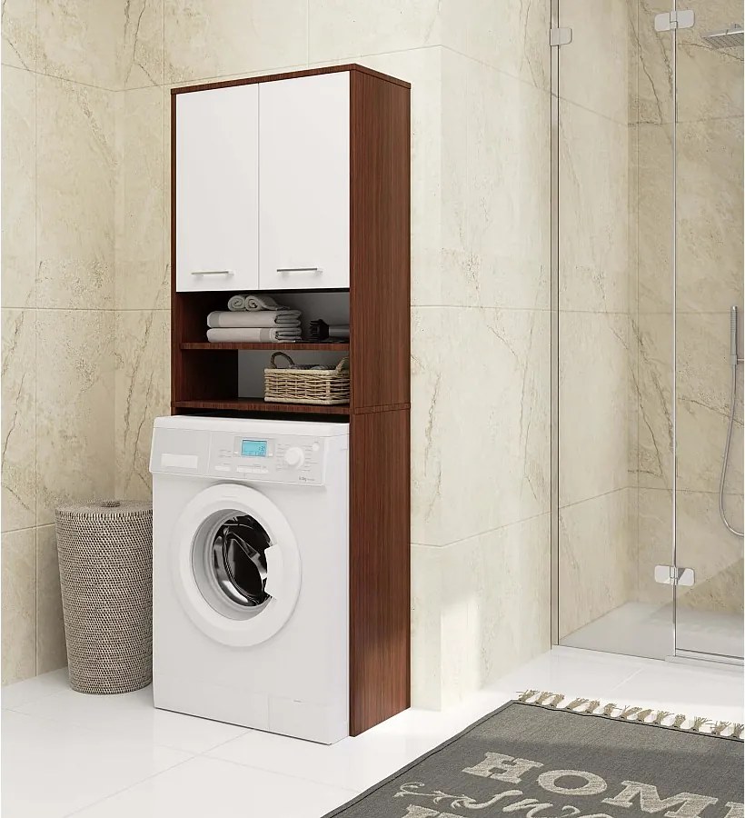 Słupek łazienkowy AKORD FIN do zabudowy pralki Wenge 64 cm wnęka 2 drzwi kolor Biały mat 4 półki 64x30x180 cm