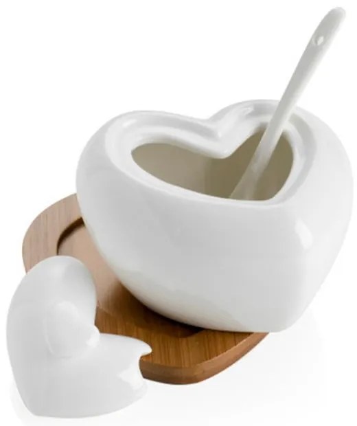 Porcelanowa cukierniczka z łyżeczką i bambusową podstawką Brandani Heart