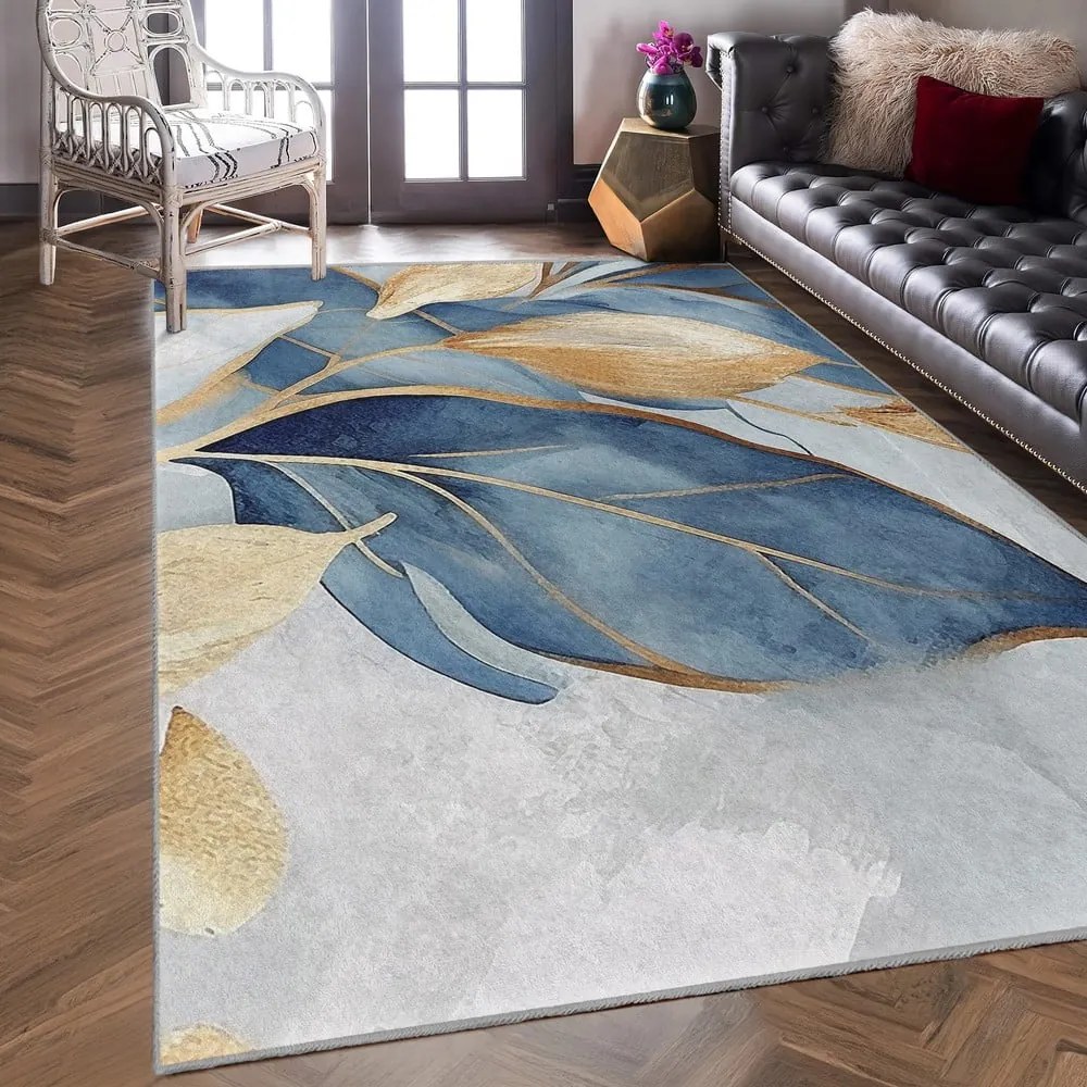 Chodnik w niebiesko-złotym kolorze odpowiedni do prania 80x200 cm Golden Leaves – Mila Home