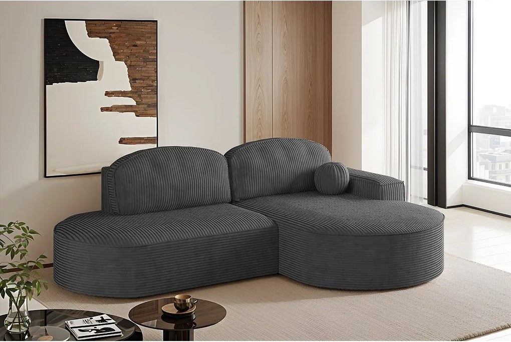 Narożnik z funkcją spania i pojemnikiem Modena Runden, tkanina Poso, Grafitowy, Prawy