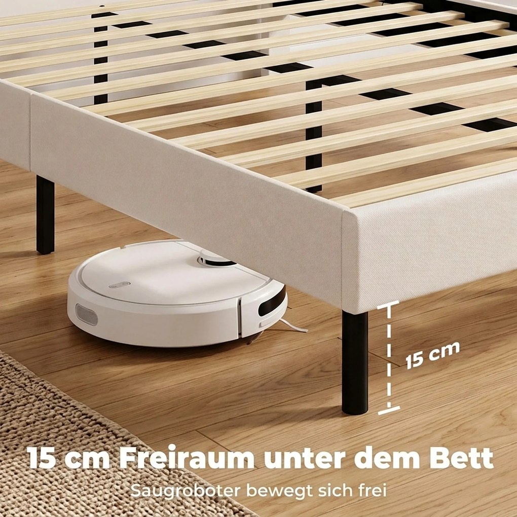 HOMCOM Rama łóżka 140 x 200 cm z regulowanym wezgłowiem, tapicerowane łóżko w wyglądzie lnu z 12 listwami ze sklejki, beżowy | Aosom PL