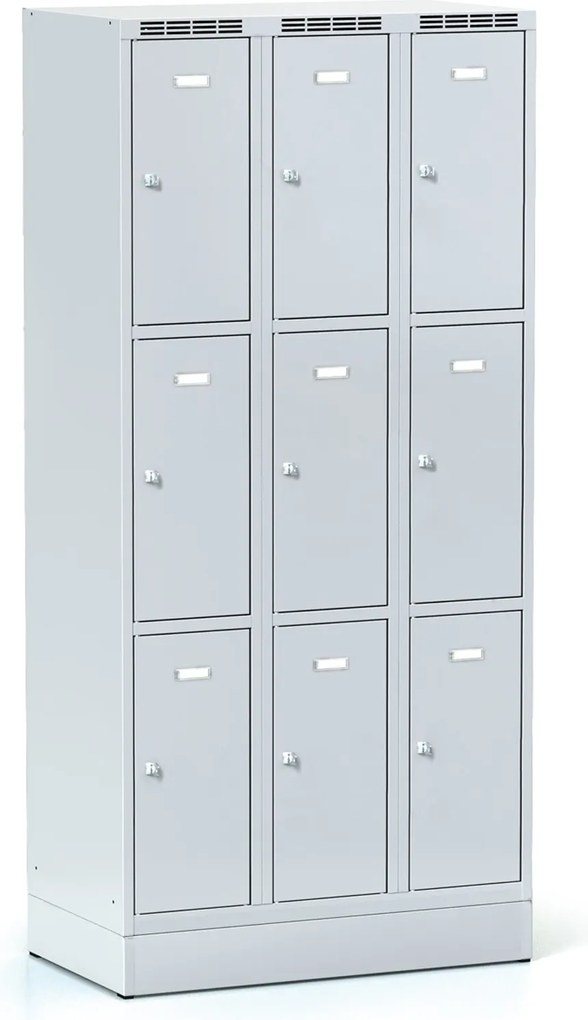 Szafka skrytkowa S6 na cokole, 9 schowków, 1920 x 900 x 500 mm, zamek obrotowy, drzwi szare