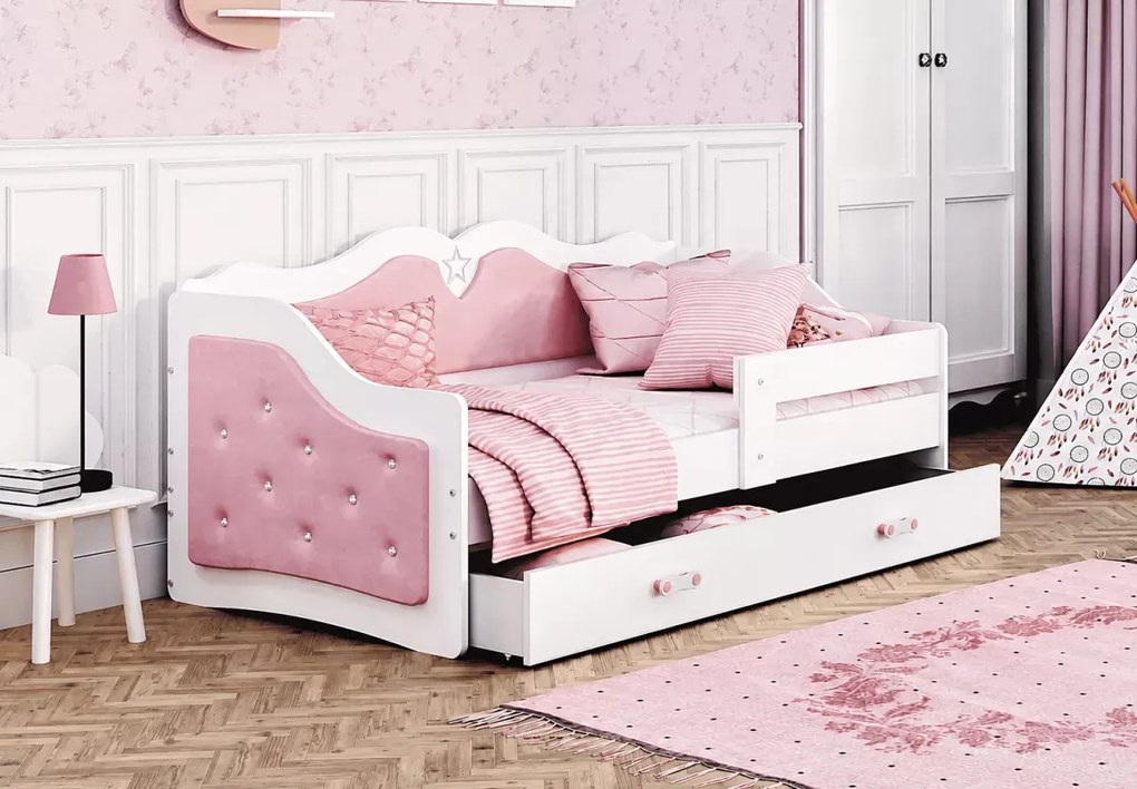 Łóżko tapicerowane Corsi z szufladą 160x80 / 180x80 – białe, szare, pudrowy róż