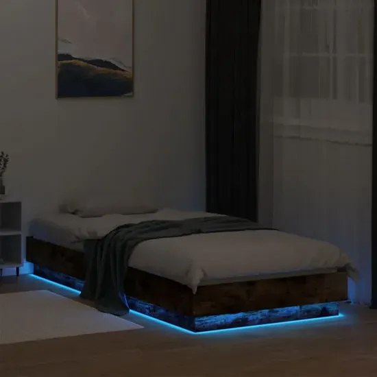 Pojedyncze łóżko ze stelażem i oświetleniem LED przydymiony dąb 90x200 - Irjas