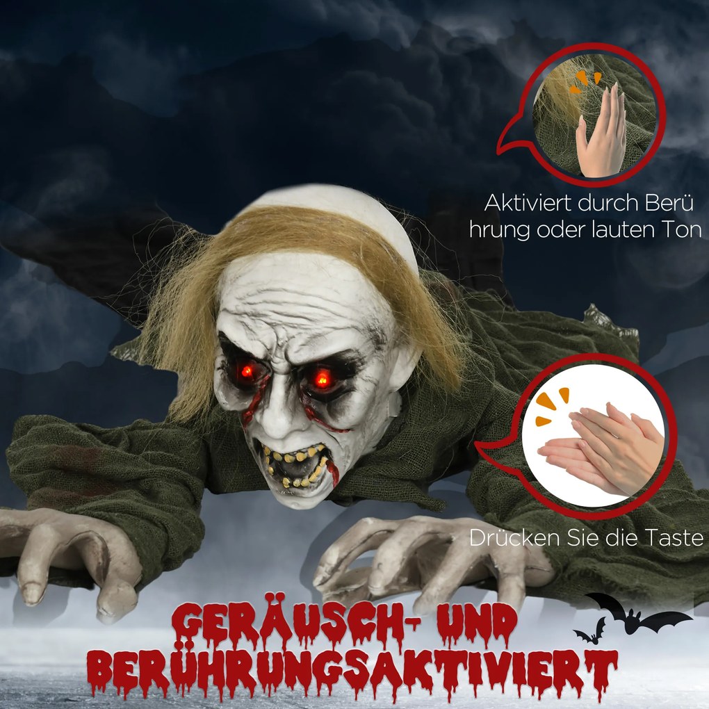HOMCOM Dekoracja Halloweenowa, pełzający zombie, aktywowany przez dotyk/dźwięki, świecące oczy