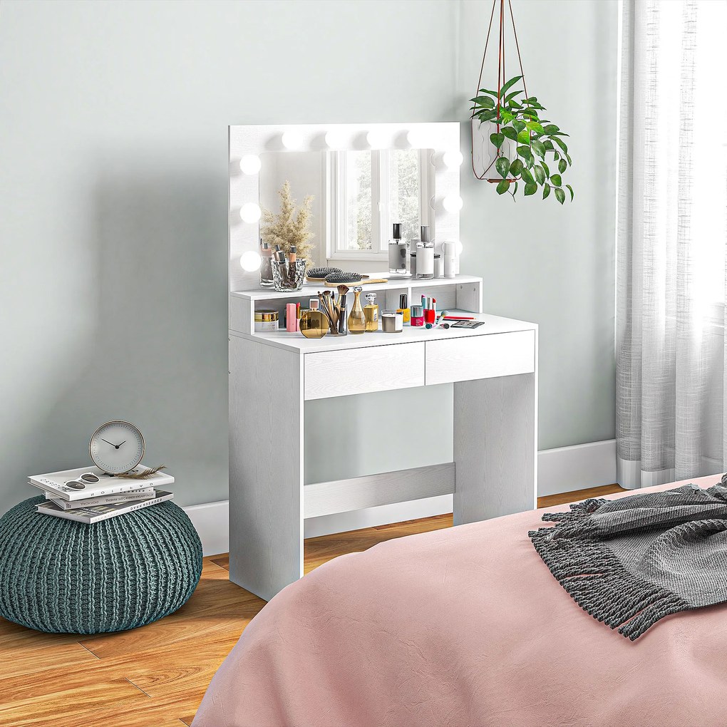 HOMCOM Toaletka z oświetlonym lustrem, szufladami, 3 opcje światła, 10 żarówek, nowoczesna toaletka w kolorze białym