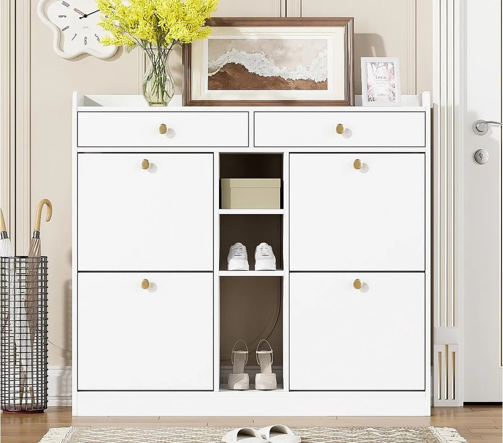 Szafka na buty 110 x 26 x 100 cm - z 4 drzwiami - 2 szufladami - 3 otwartymi przegrodami - biała