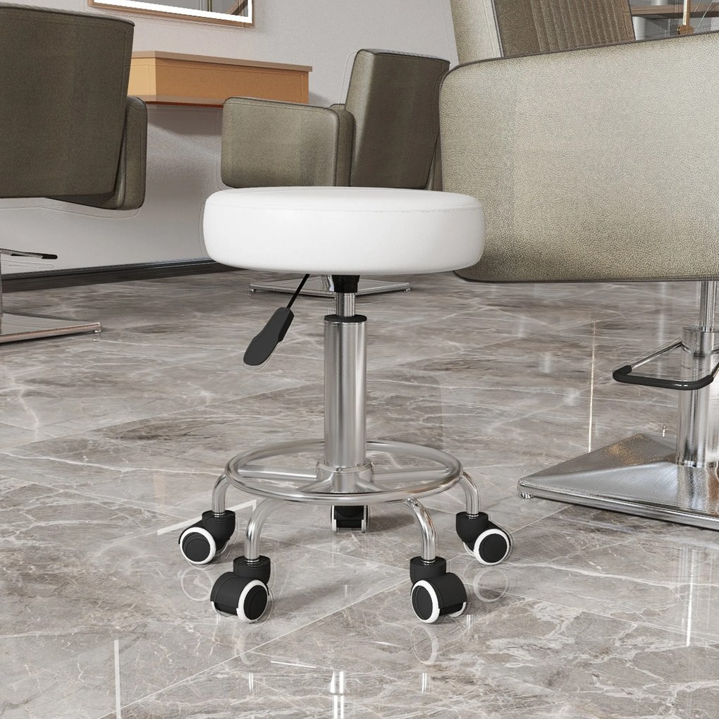 Vinsetto Taboret salonowy, regulowany wysokościowo, ekoskóra, do 110 kg, Ø42x50-64H cm, biały | Aosom PL